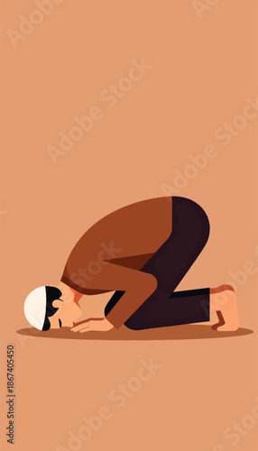 Minimalist depiction of a man in prayer, forehead touching ground