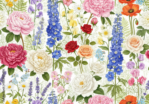 Floral wallpaper illustration with different kinds of flowers 