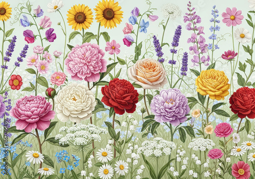 Floral wallpaper illustration with different kinds of flowers 