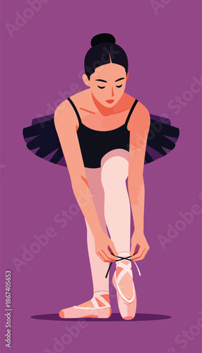 A ballerina in a black leotard and tutu ties her pointe shoes