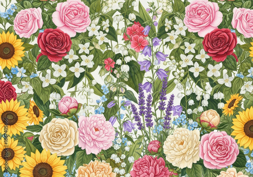 Floral wallpaper illustration with different kinds of flowers 