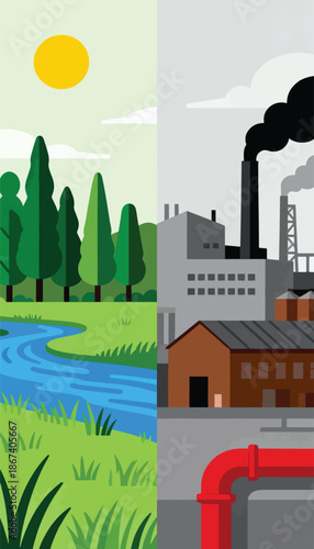Vibrant nature contrasted with industrial pollution and urban decay