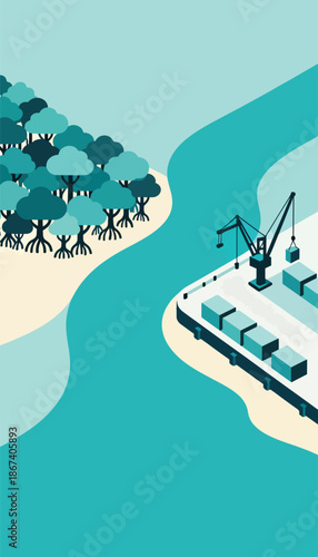 Trees border a cargo ship with a crane and containers by the water