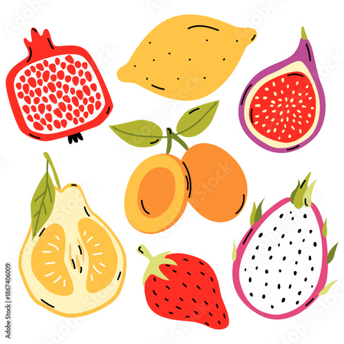 Hand drawn colorful fruits. Modern abstract minimal style. Healthy organic food. Uglifruit, lemon, figs, strawberry, ximenia, , dragonfruit, pomegranate. Vector flat illustration.