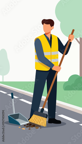 A person in a yellow vest sweeps debris on a street with a broom and dustpan