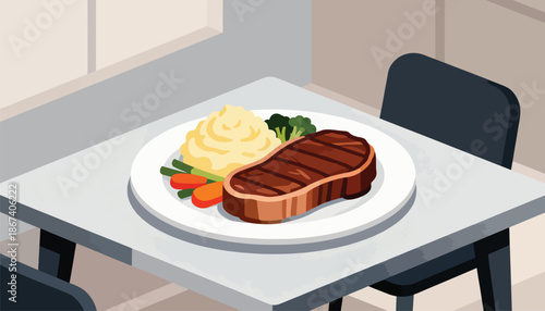 A hearty grilled steak dinner with mashed potatoes, broccoli, carrots, and beans