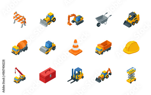Construction isometric 3d icon set. Flat vector site symbols isolated.