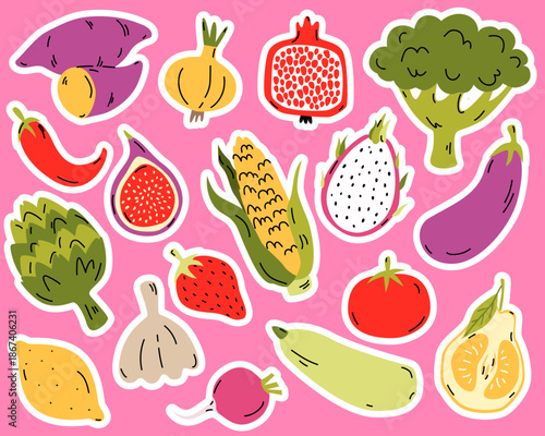 vector, food, stickers, healthy, vegetable, set, vegetarian, broccoli, potato, flat, farm, eggplant, organic, isolated, cartoon, pepper, harvest, tomato, vitamin, collection, cooking, plant, graphic, 