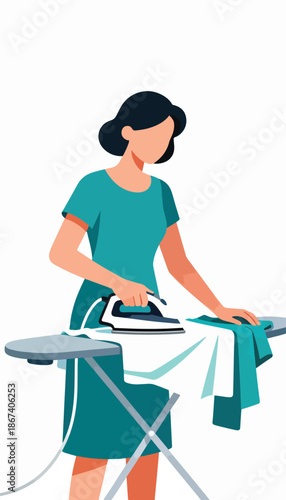 Woman ironing clothes on a board with a steaming iron, domestic chore