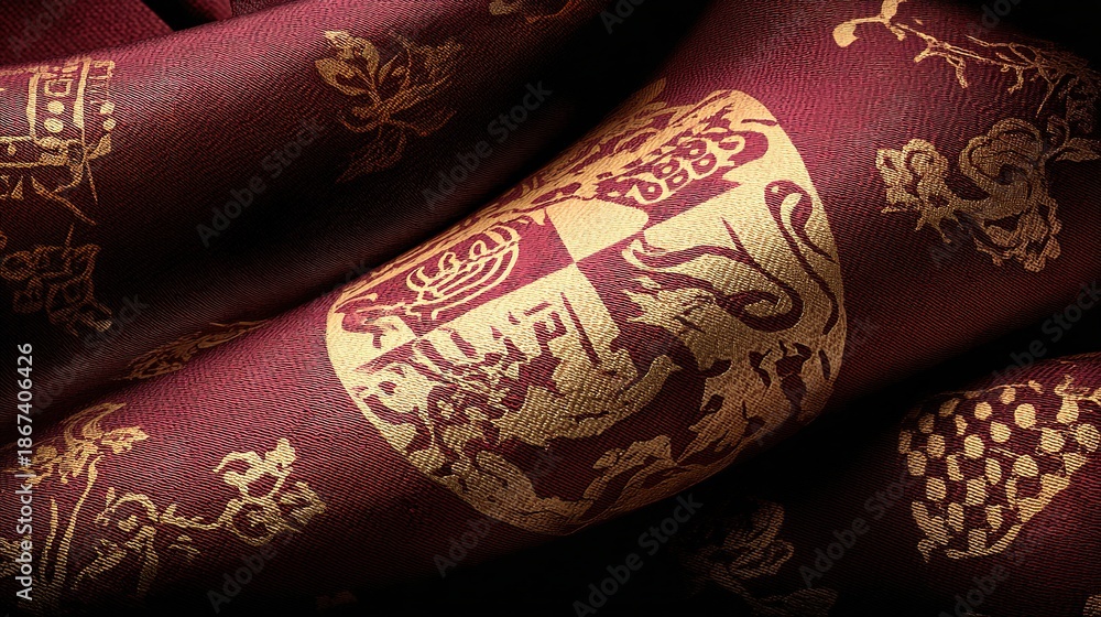 Fototapeta premium privilege. An intricate gold-embossed heraldic crest on a deep crimson background. event programs, museum guides, designed for cultural heritage projects and event programs.