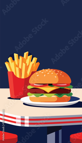 A classic hamburger and french fries served in a retro diner setting