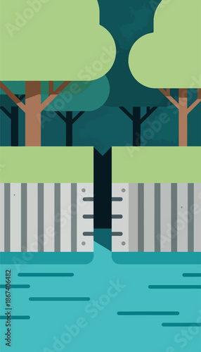 Abstract illustration depicts a stylized landscape with trees, a wall, and water, utilizing geometric shapes and flat colors