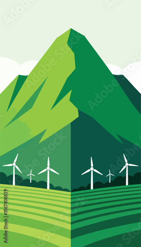 Green rolling hills with wind turbines in front of majestic mountains