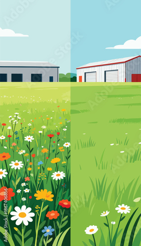 Split scene showing a meadow with wildflowers and a building on one side, and a manicured lawn and building on the other