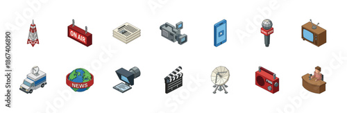 News media isometric 3d icon set. Flat vector broadcast symbols isolated.