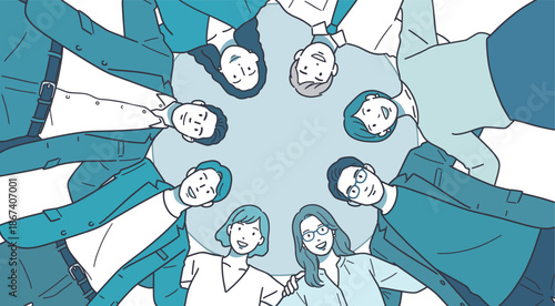 Business team standing in a circle showing unity and teamwork
