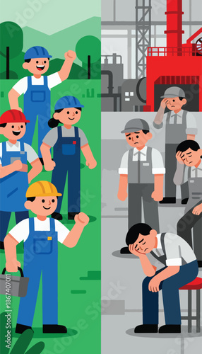 Happy workers in nature contrast with dejected workers in industrial setting