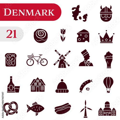 Icons about Danish traditions, culture, and symbols. A set of solid icons about Denmark.
