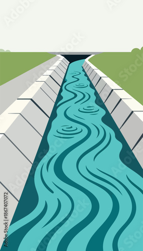Concrete lined channel with flowing blue water under a bridge, surrounded by green