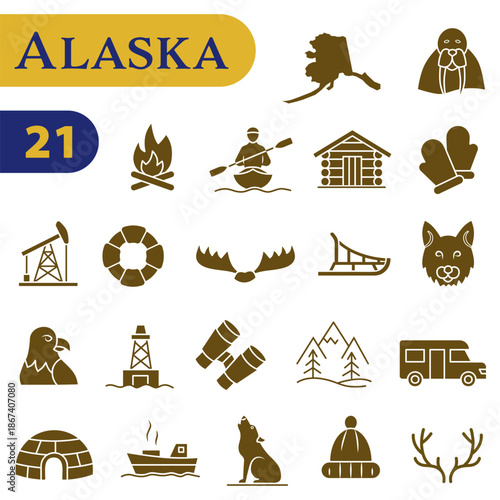 Icons about Alaskan traditions, culture, and symbols. A set of solid icons about Alaska.