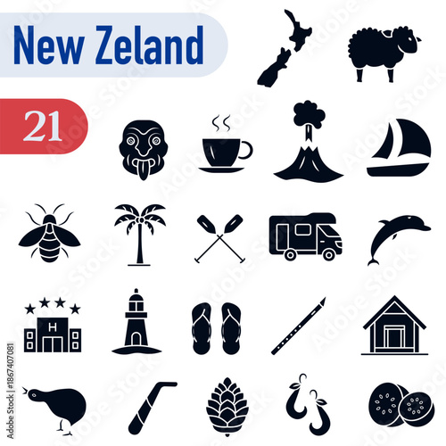 Icons about New Zealand traditions, culture, and symbols. A set of solid icons about New Zealand.