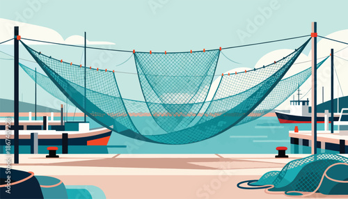 Fishing nets hang suspended over a serene harbor with docked boats and calm waters