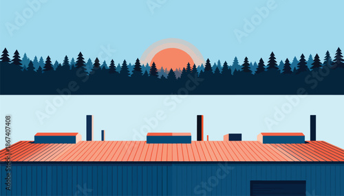 Stylized sunset over pine forest above industrial rooftops