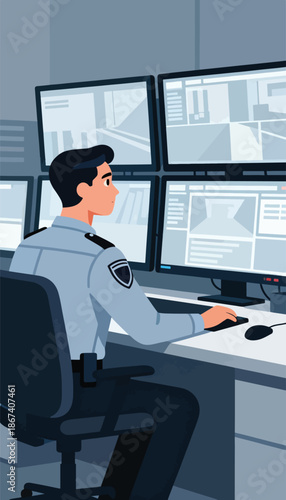 Security guard monitors multiple screens displaying CCTV feeds in a control room