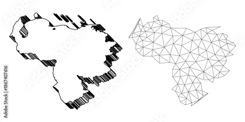 Polygonal mesh Venezuela map Abstract mesh lines and Solid form map Vector wireframe black and white colors