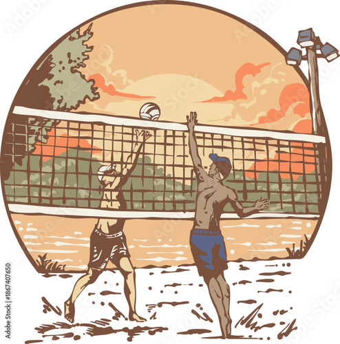Two people playing beach volleyball with sunset background vintage illustration
