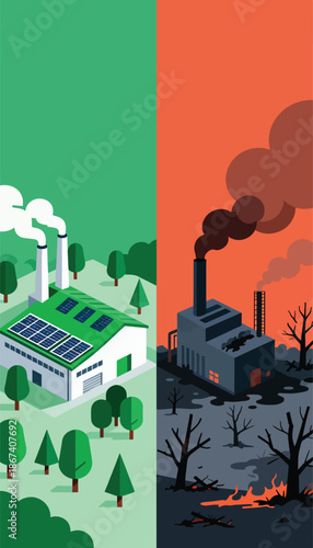 Contrasting factory scenes one clean and green, the other polluted and destroyed