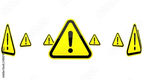 Rotating Yellow Warning Signs on White Background. 3D Animation of Exclamation Mark Icons.
