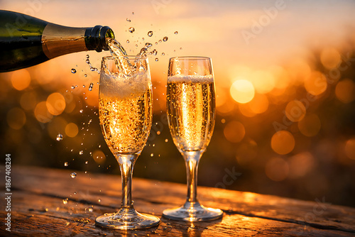 Champagne pouring into flutes at sunset