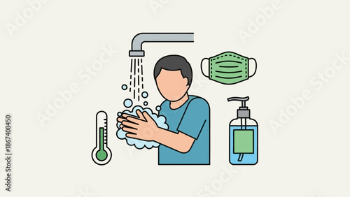 Hygiene Concept: Washing Hands, Wearing Mask, Sanitizer, Thermometer