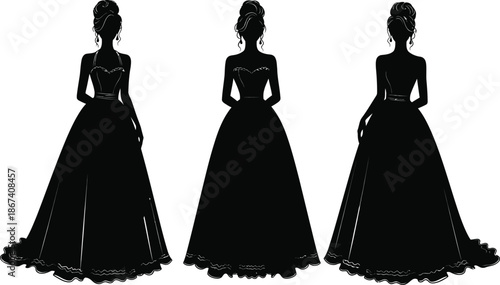 Three silhouettes of women in elegant ball gowns