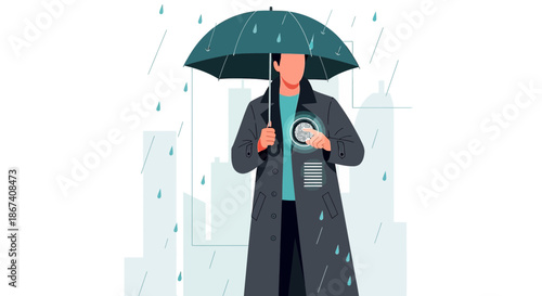 Modern individual in a digital urban rainscape accessing innovative weather data