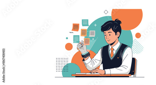 Modern illustration portraying time management and digital organization of documents at work