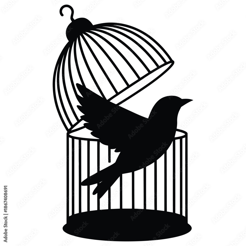 Fototapeta premium Freedom and Liberation Concept – Flying Bird Escaping Open Cage, Symbol of Hope, Freedom, Independence, and New Beginnings in Minimal Black Silhouette Design