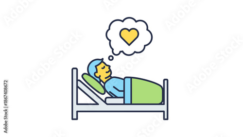 Man sleeping in bed dreaming of love, heart symbol in thought bubble