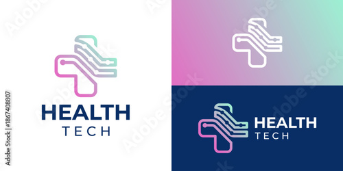 Creative modern health tech logo template. Cross plus with circuit dot connection for Health care technology logo design vector illustration.
