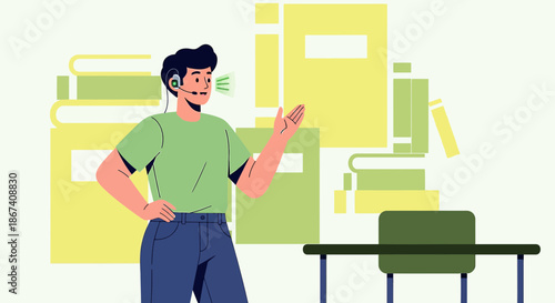 Online tutor with headset explaining subjects in virtual learning classroom setup concept