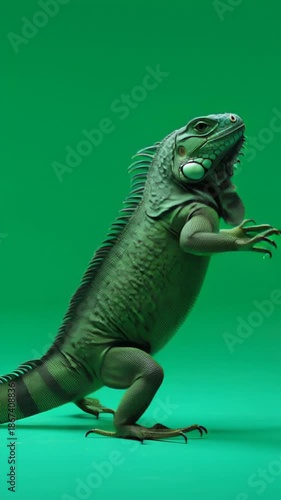 A full body shot of a green iguana standing on its hind legs against a solid green background in a studio setting. The reptile is detailed and clear.