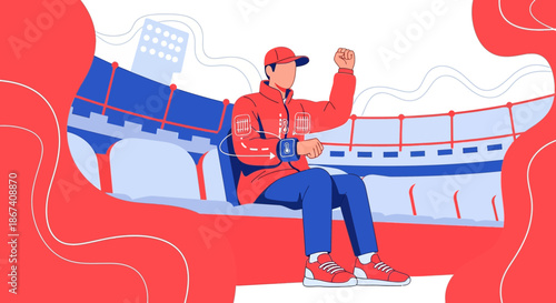 Passionate spectator monitoring game updates through wearable tech in stadium seat