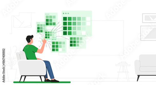 Person interacting with virtual data screens while relaxing in modern designed home environment