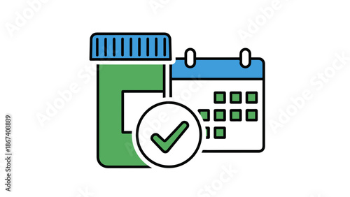 Medical Prescription Calendar Reminder, Pill Bottle and Check Mark Icon