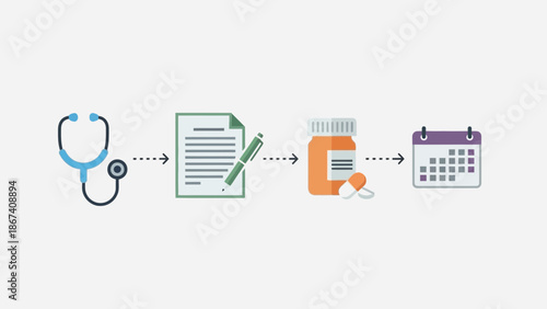 Medical Treatment Process Steps: Stethoscope, Prescription, Pills, Calendar