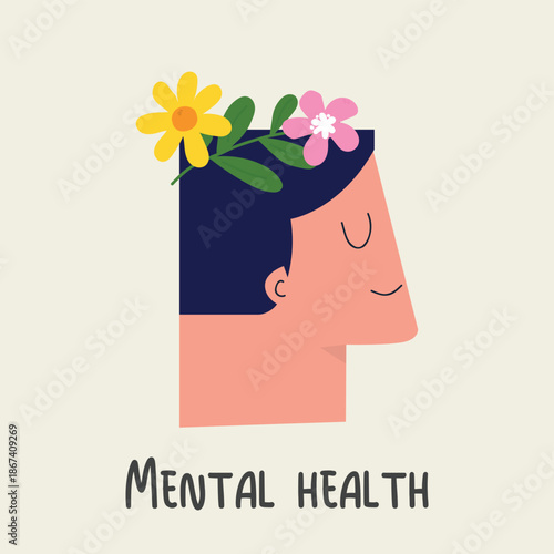 Mental Health Concept Illustration with Human Head and Flowers