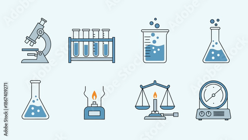 Science Laboratory Icons: Microscope, Test Tubes, Beakers, Burner, Scales