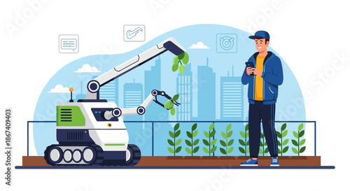 Precision urban farming showcases automation with a robotic arm harvesting crops under human