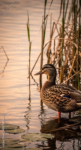 Duck by Water Reeds.